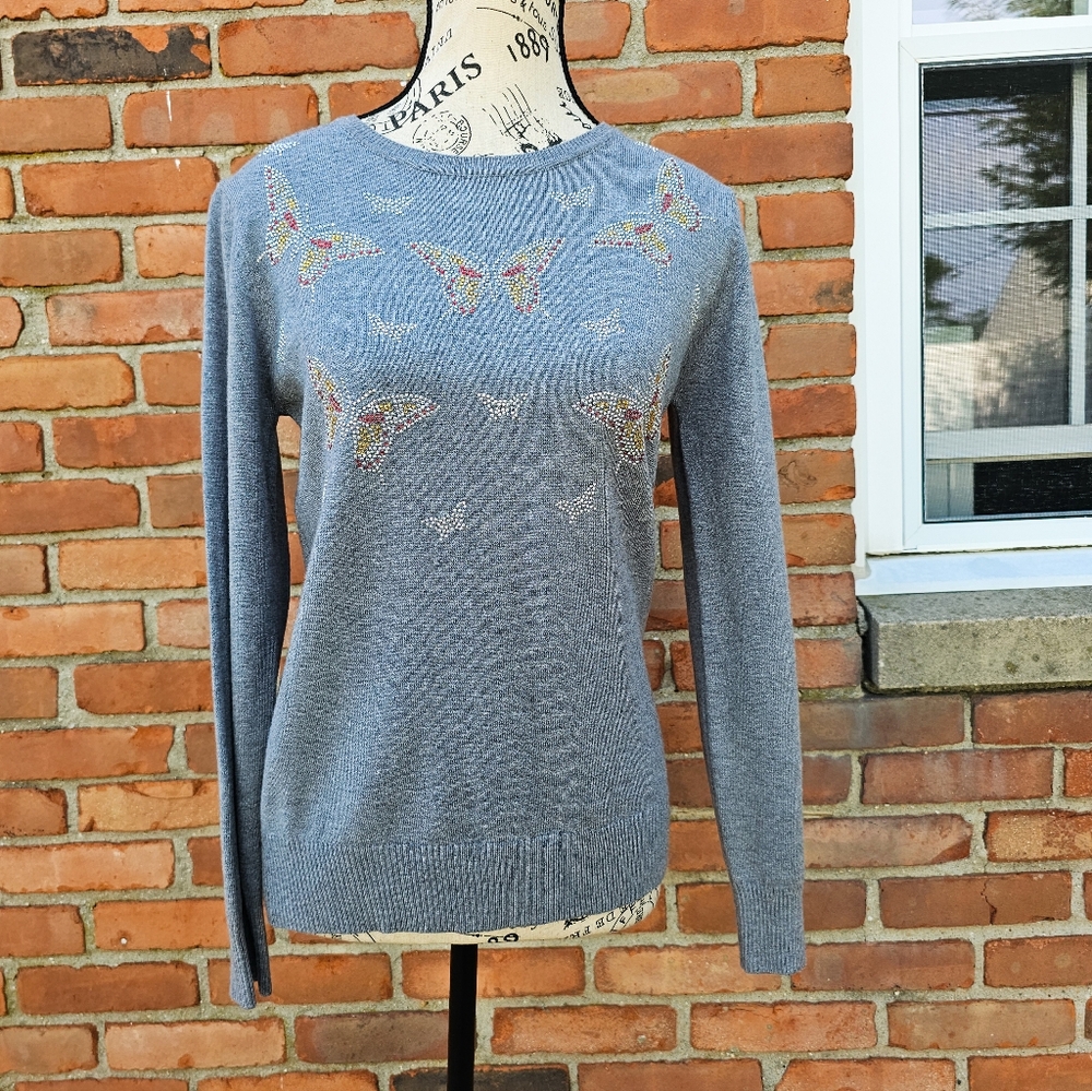 Yuna Grey Rhinestone Butterfly Sweater Women’s L/XL Long Sleeve Cotton Blend